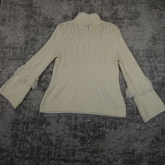 WHBM Sweater Women's Small Ivory Mock Neck Embellished Fringed Cable Knit - Picture 8 of 11